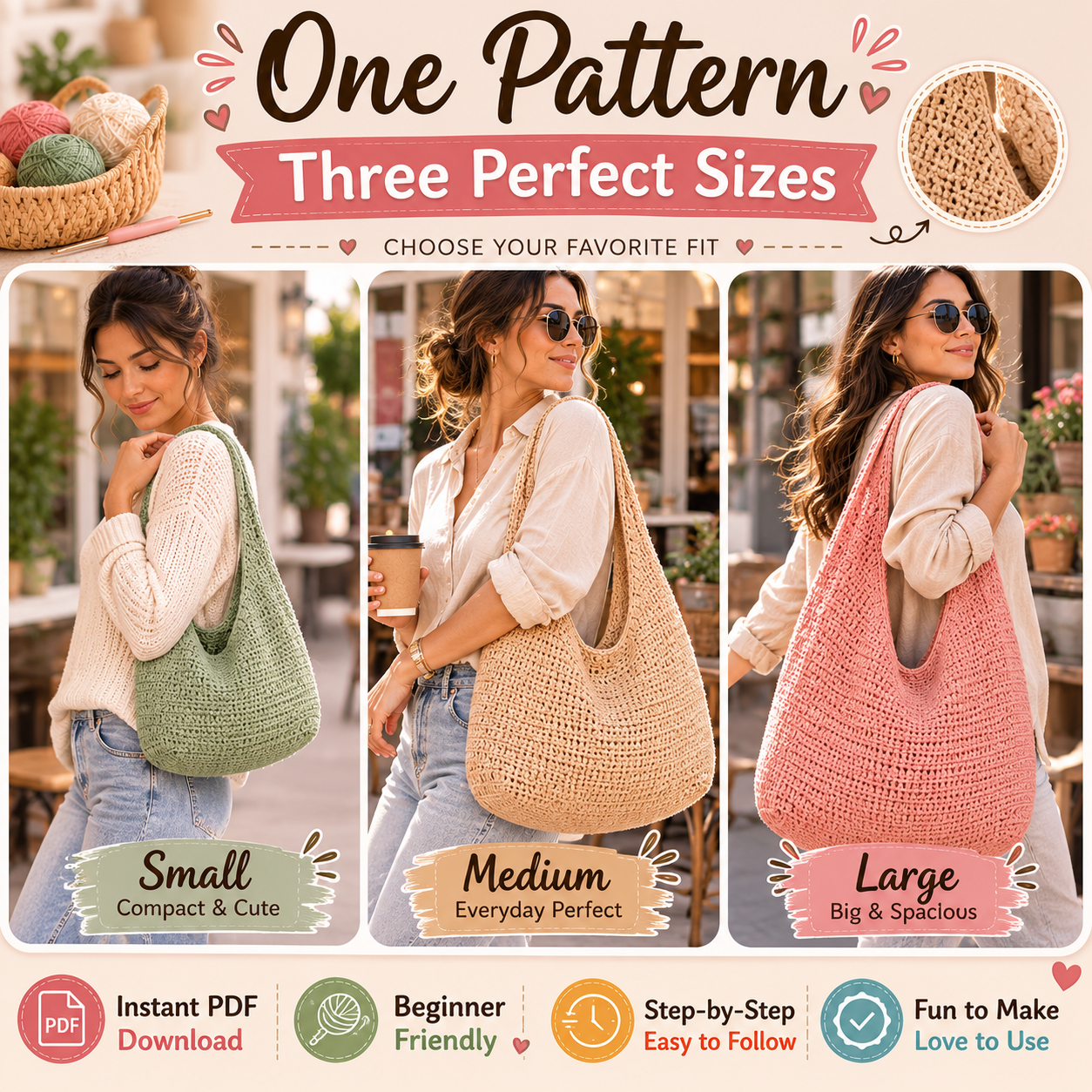 Crochet Hobo Bag Pattern | 3 Sizes PDF